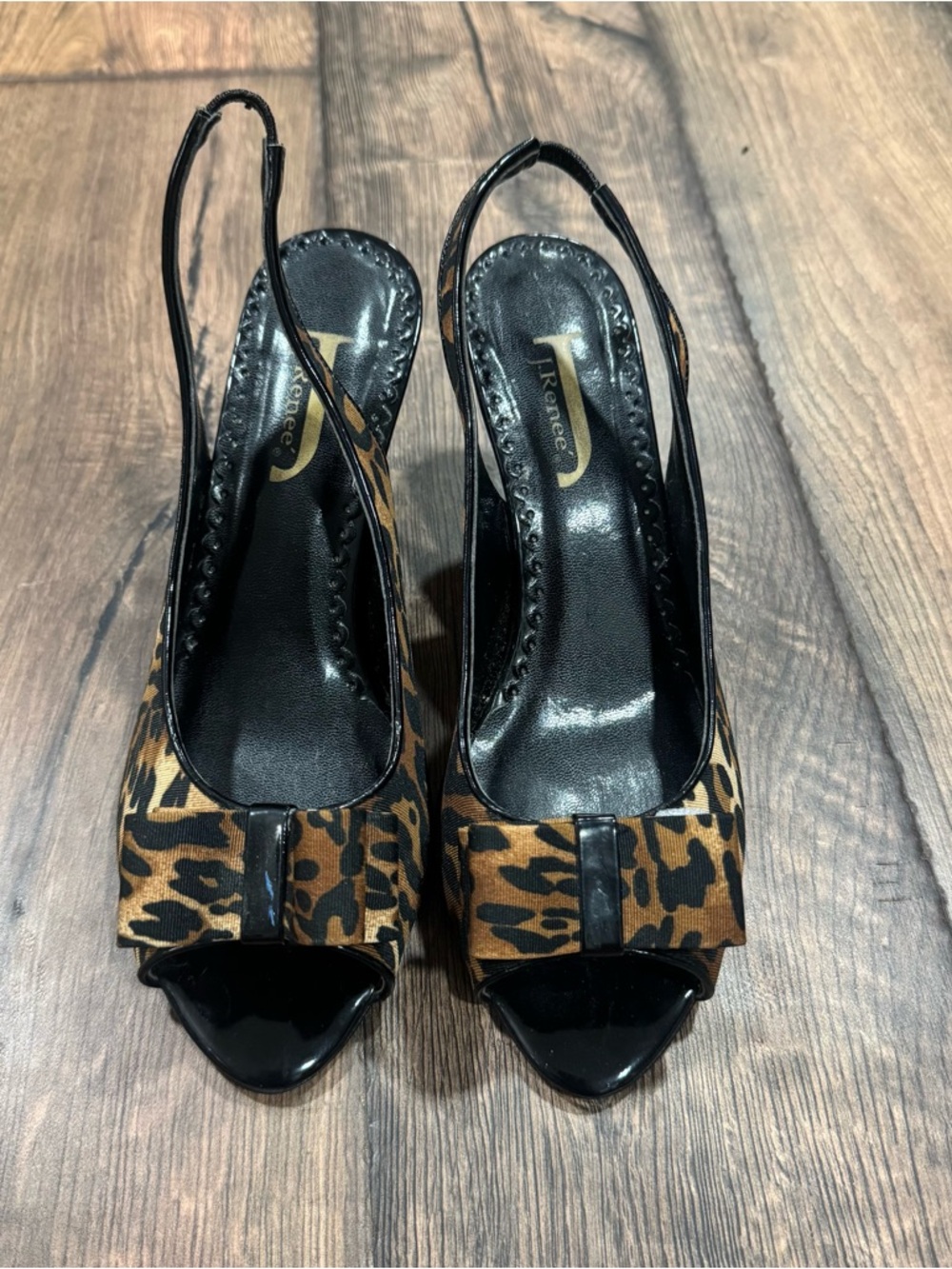 J.Renee Leopard Print Peep-Toe Slingback Heels in Black & Brown